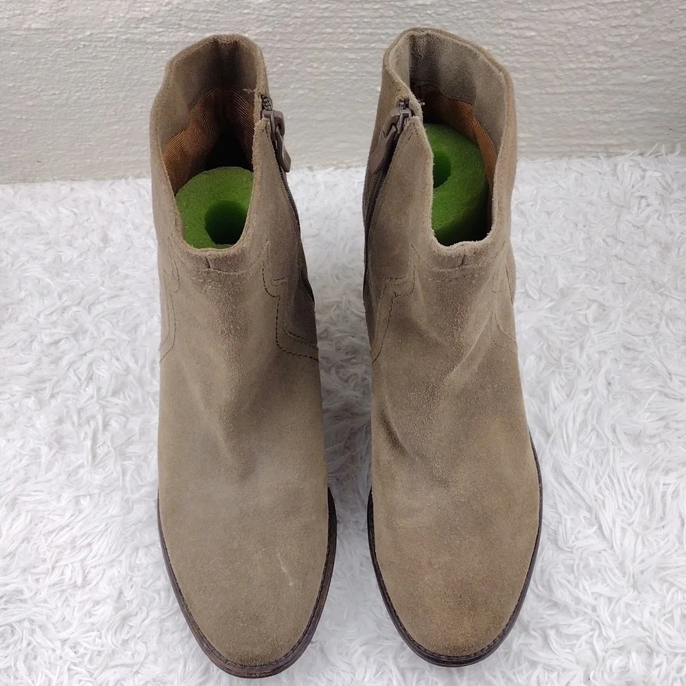 BCBGeneration Santina Taupe Suede Leather Pointy Toe Stacked Heel Ankle Boot